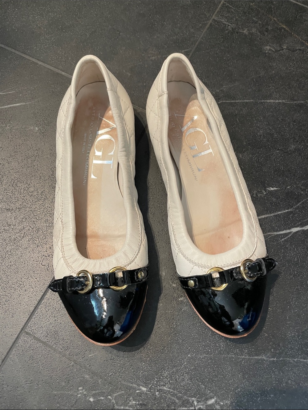 AGL cream Quilted Ballet Flats with Black Patent Cap-Toes